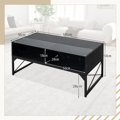 High-gloss LED Coffee Table with Faux Marble and Tempered Glass Top-Black