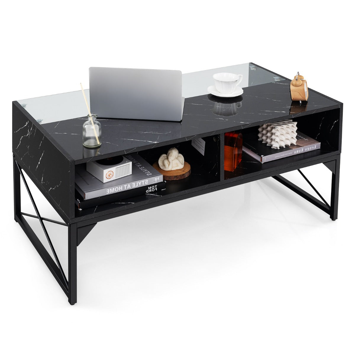 High-gloss LED Coffee Table with Faux Marble and Tempered Glass Top-Black