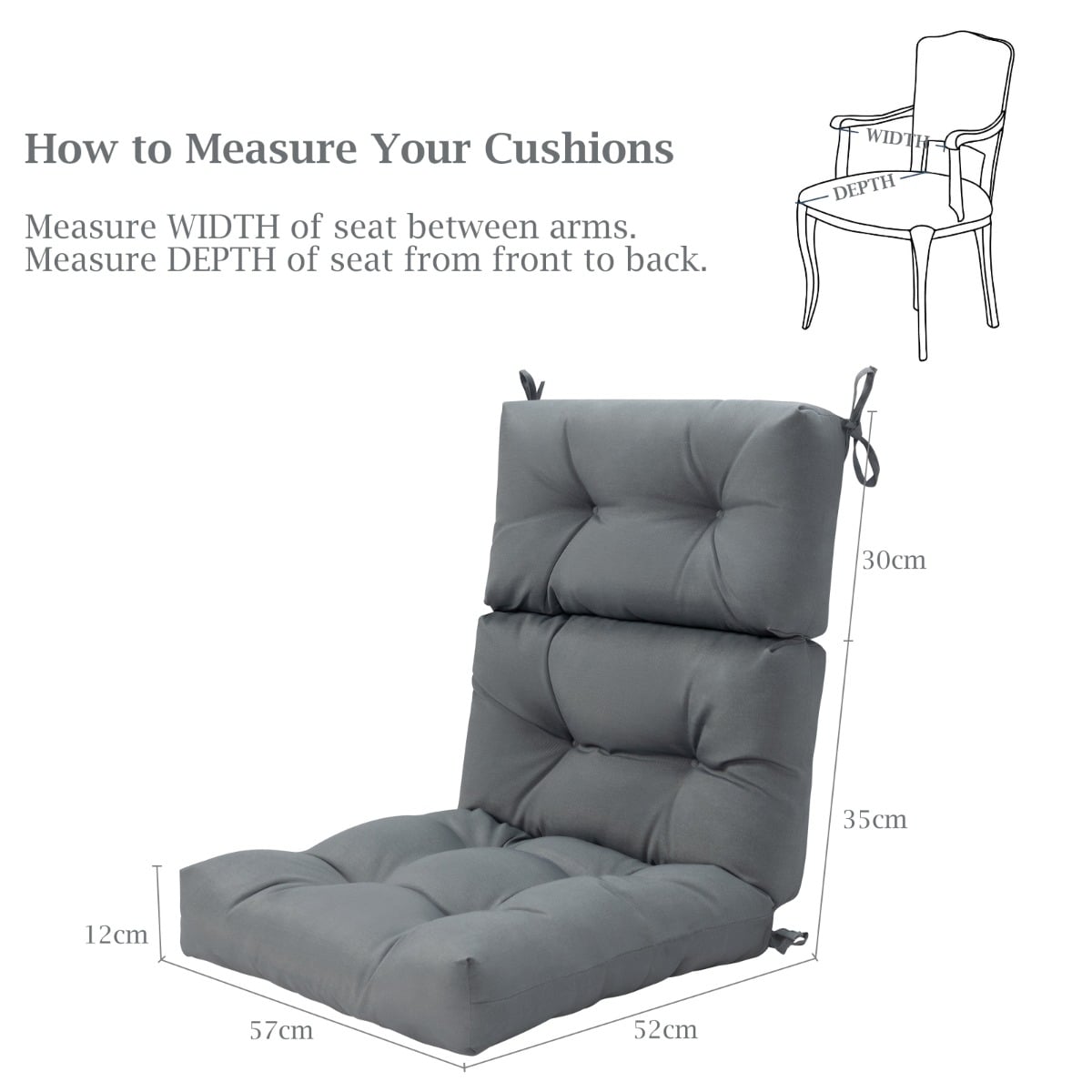 High Back Chair Cushion Patio Chair Seat Pads with Non-slip Rope Belts-Grey