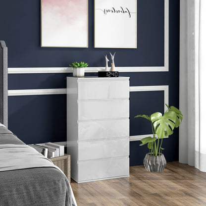 HOMCOM 5-Drawer Modern Dresser, High Gloss Storage Drawer Unit for Bedroom, White