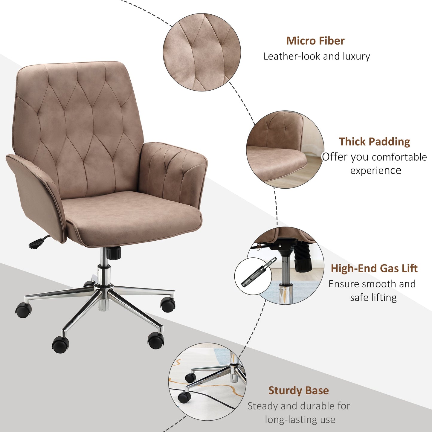 Vinsetto Office Desk Chair, Microfibre Vanity Chair with Height Adjustable, Armrest, Swivel Chair for Home, Coffee