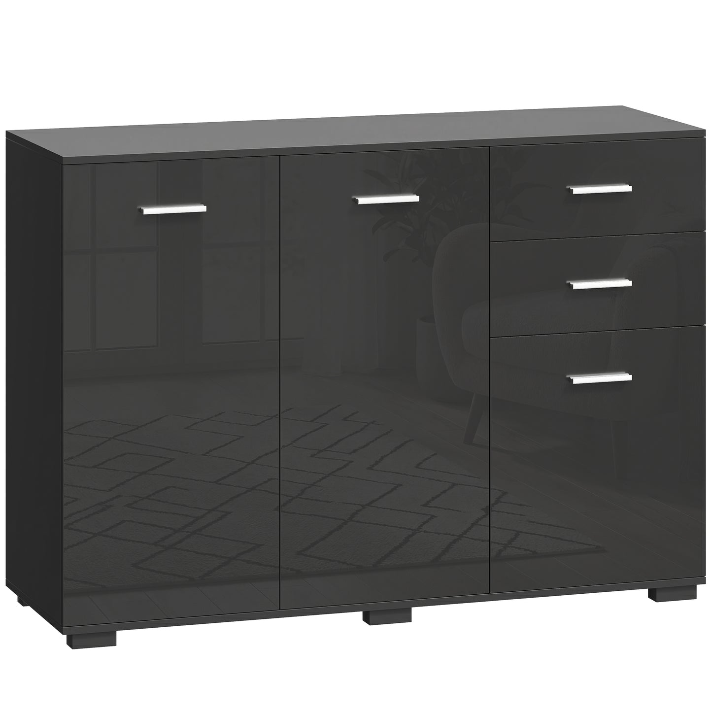 HOMCOM Sideboard, Modern Storage Cabinet with 2 Drawers, 3 Doors and Adjustable Shelves, High Gloss Black