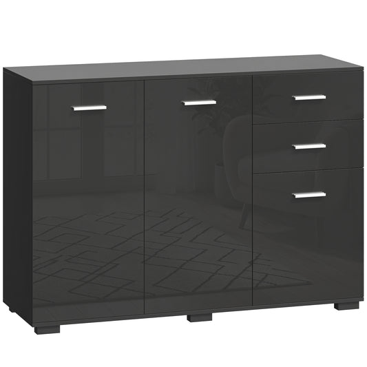 HOMCOM Sideboard, Modern Storage Cabinet with 2 Drawers, 3 Doors and Adjustable Shelves, High Gloss Black