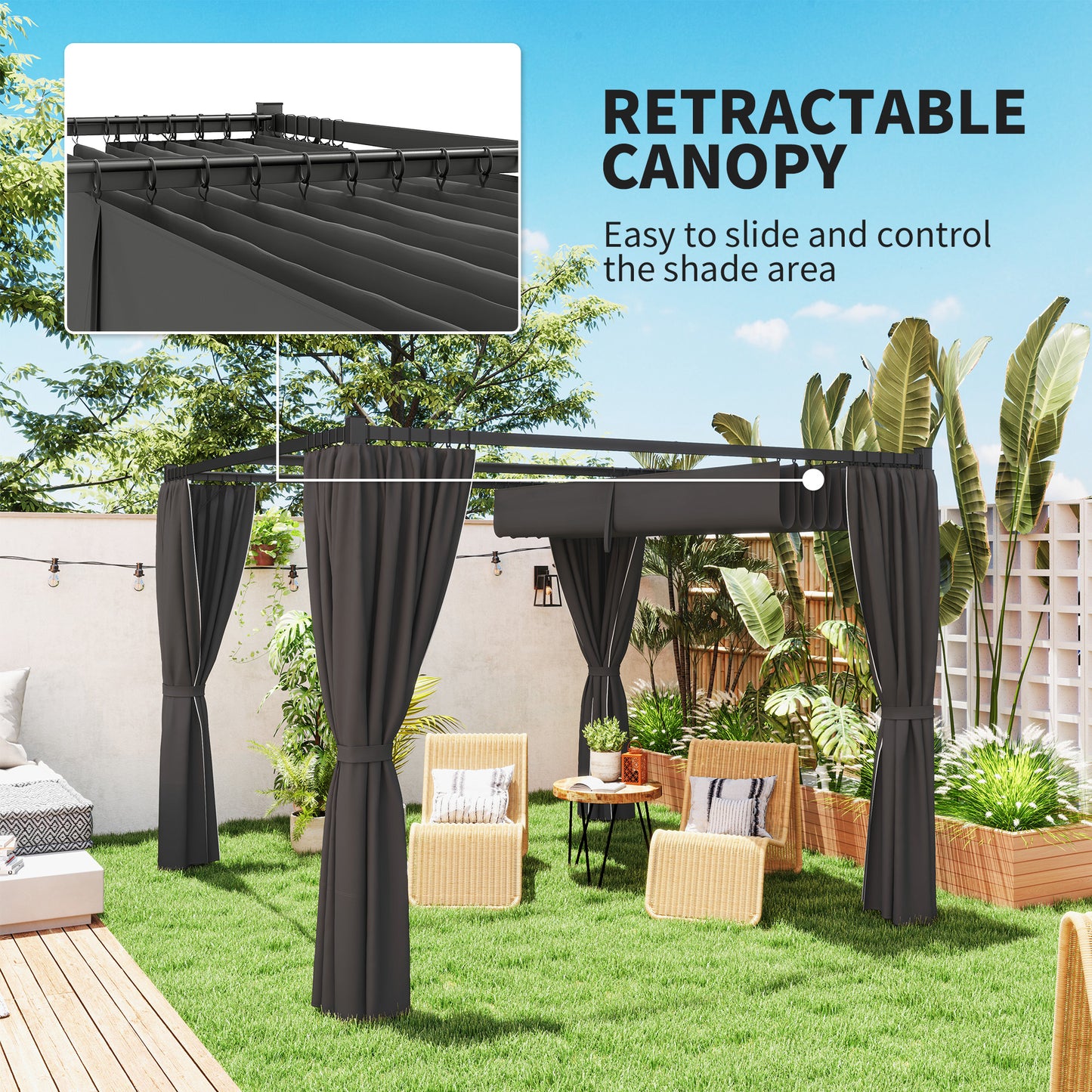 Outsunny 3 x 3(m) Rozsuwana pergola, altana ogrodowa z zasłonami, do grilla, na patio, taras, antracyt