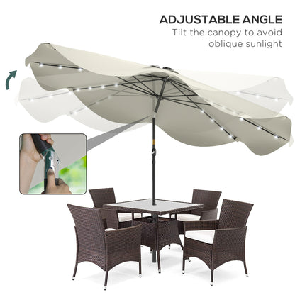 Outsunny Solar Patio Umbrella with LED and Tilt, Outdoor Market Table Umbrella Parasol with Crank, 3 x 3 (m), Cream White
