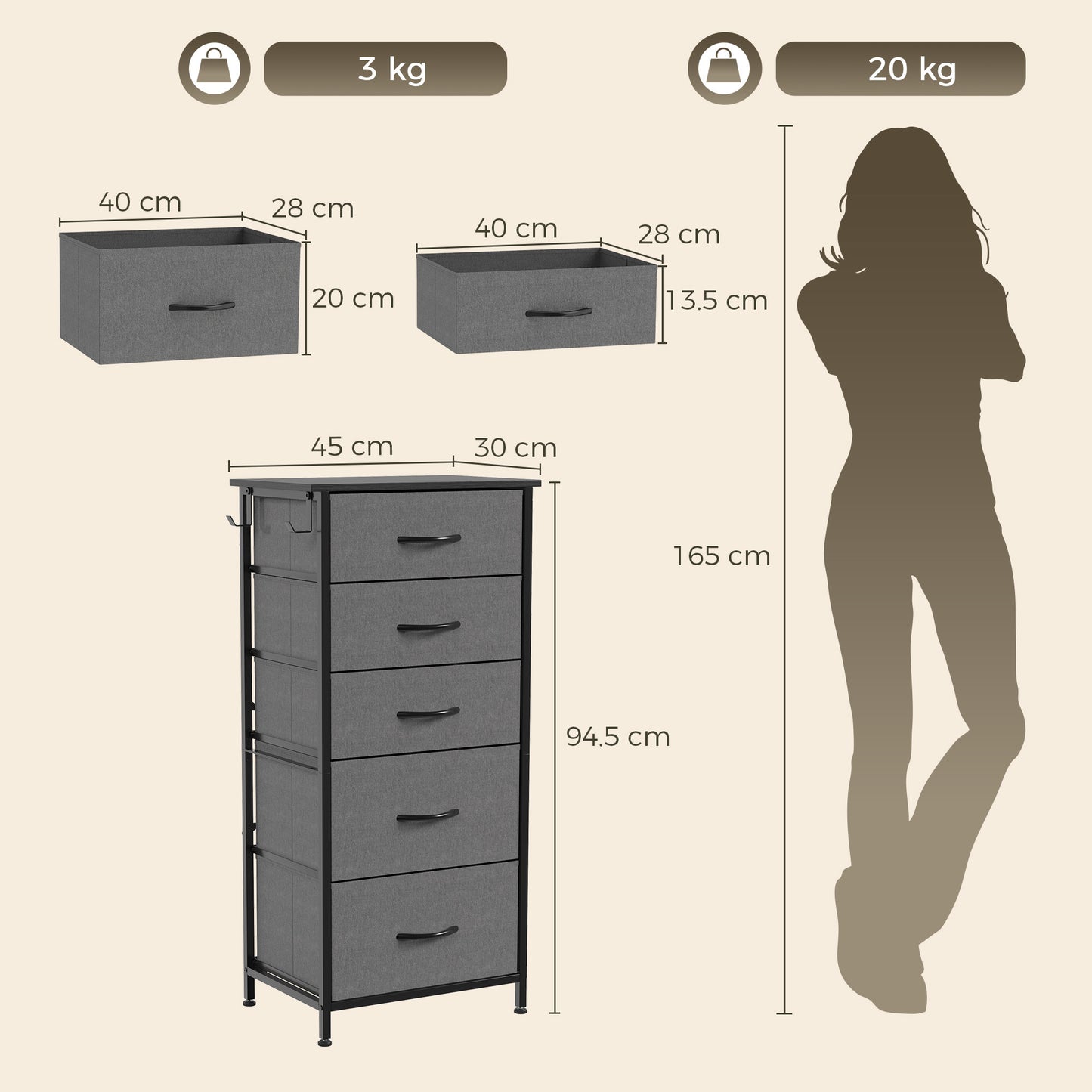 HOMCOM Chest of Drawers, Dresser with 5 Fabric Drawers, Tall Storage Unit with 4 Pockets and 2 Hooks Steel Frame, Charcoal Grey
