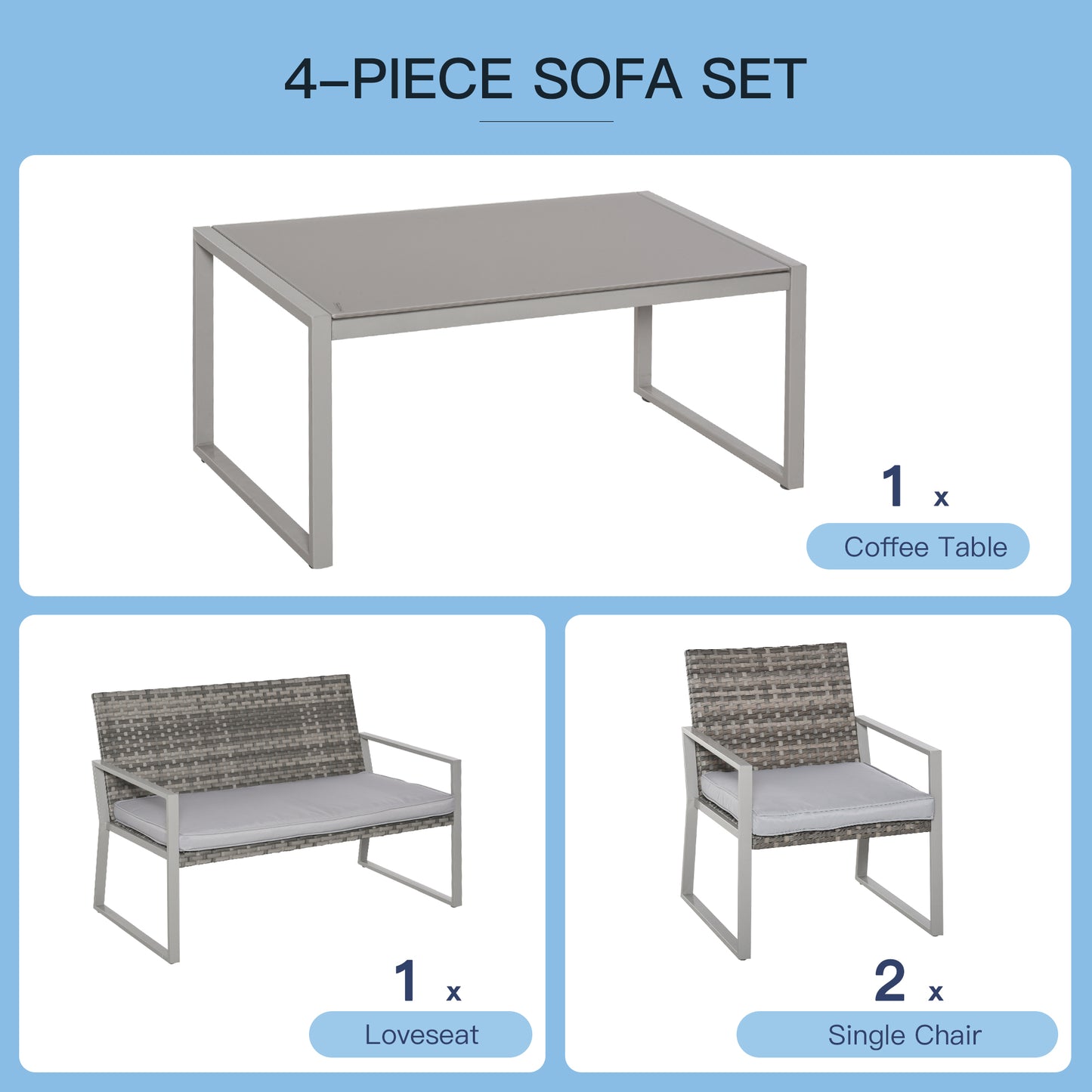 Zestaw mebli ogrodowych Outsunny 4PC z rattanu 2 pojedyncze sofy, fotele, 1 ławka z poduszkami i stolik kawowy Patio Backyard Wicker Weave