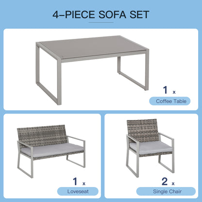 Zestaw mebli ogrodowych Outsunny 4PC z rattanu 2 pojedyncze sofy, fotele, 1 ławka z poduszkami i stolik kawowy Patio Backyard Wicker Weave