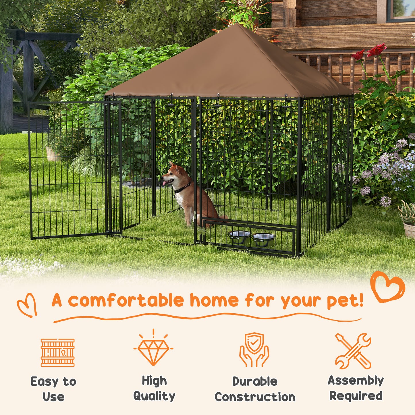 PawHut Outdoor Dog Kennel Puppy Play Pen z baldachimem Garden Playpen Fence Crate Enclosure Cage Rotating Bowl 141 x 141 x 151 cm