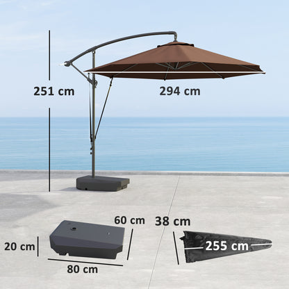 Outsunny 3(m) Garden Cantilever Parasol with Fillable Base, Wind Protection Strap, Cover, Round Banana Hanging Umbrella with Crank Handle and Tilt, Patio Umbrella for Outdoor Sun Shade, UPF50+, Brown