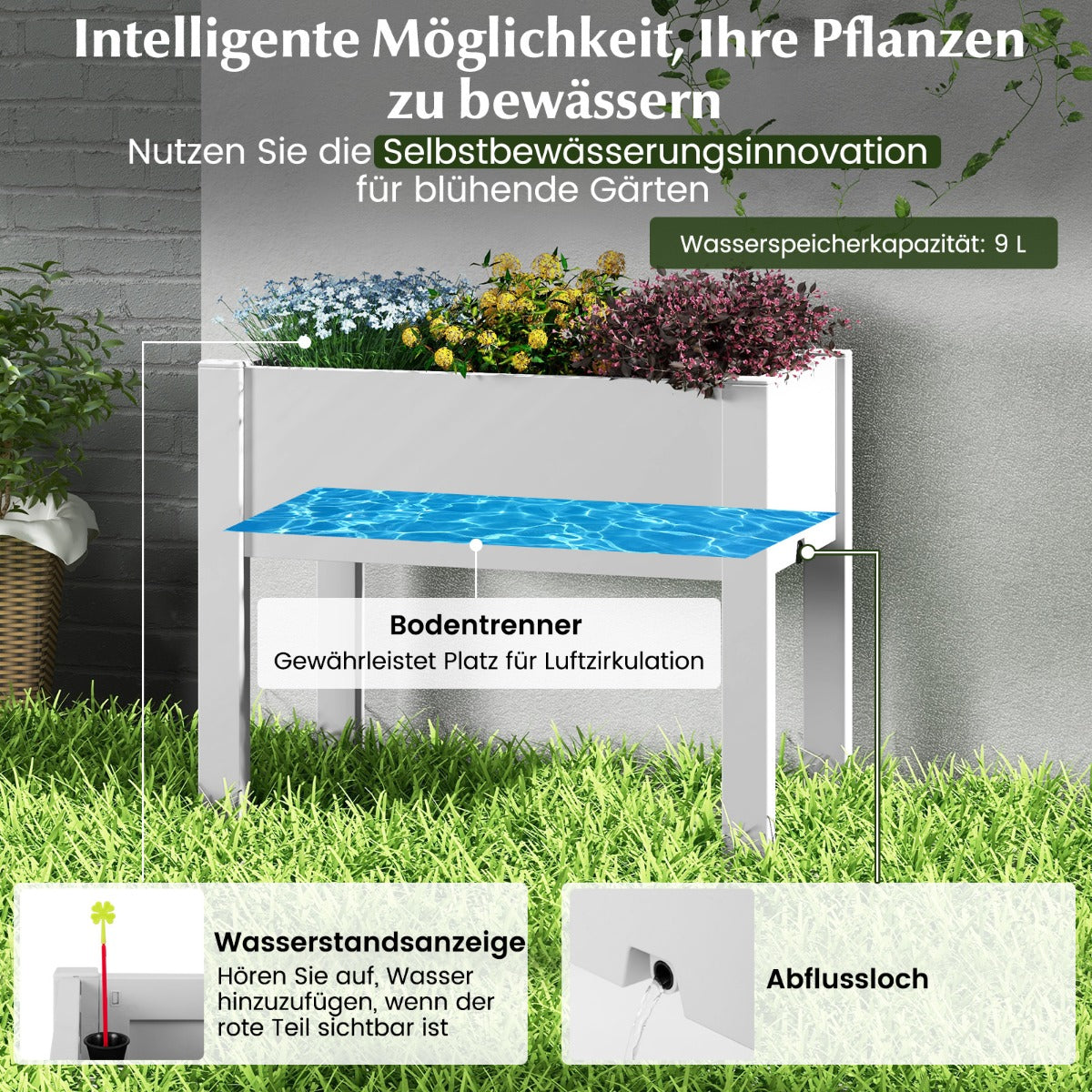 53L Raised Bed Grow Box Self-Watering Planter Box Stand with Water Level Monitor-White