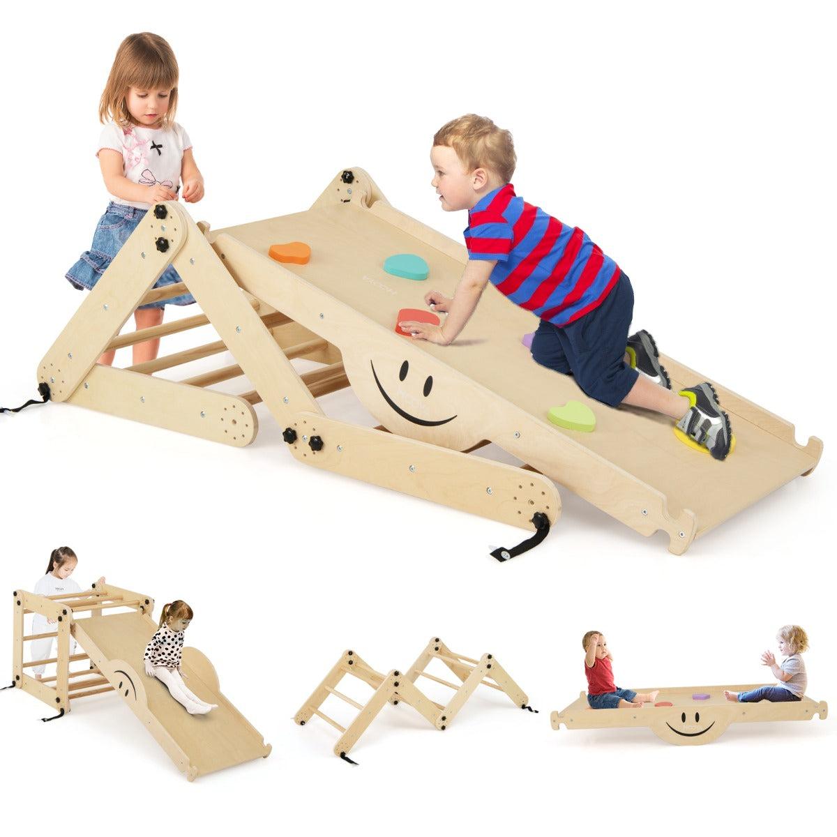 Climbing Triangle Ladder Toy Jungle Gym with Reversible Ramp-Natural