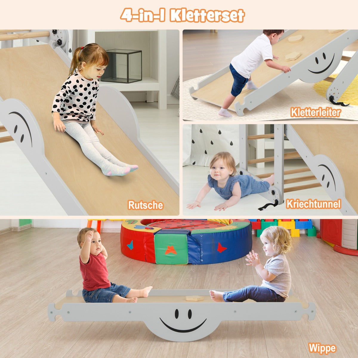 Montessori Toddler Climbing Set Foldable Wooden Climbing Toys Adjustable Reversible Seesaw Ramp Rocks Grey