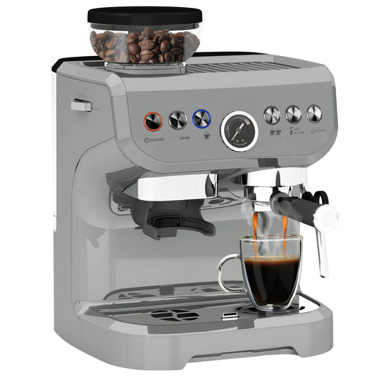 HOMCOM 15 Bar Coffee Machine, with Adjustable Grind, Steamer and Accessories - Silver Colour