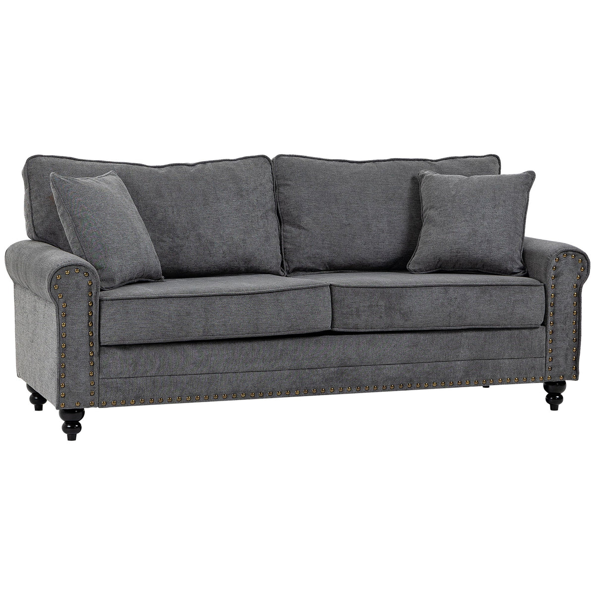 HOMCOM 196cm 3 Seater Sofa, Fabric Sofa with Rubber Wood Legs, Nailhead Trim, 2 Pillows, Small Upholstered Couch Settee for Living Room, Guest Room, Grey