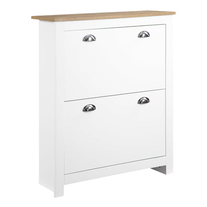 HOMCOM 2 Drawer Shoe Cabinet Modern Narrow Shoe Cupboard Hallway Wooden Storage Organiser with Flip Doors Adjustable Shelf for 6-12 Pairs, White