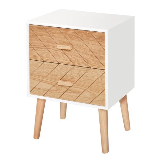 HOMCOM 2 Drawers Bedside Table with Pine Legs in White and Natural Wood Colour