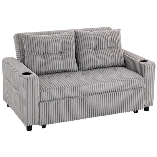 HOMCOM 2 Seater Click Clack Sofa Bed with Pull Out Design, Corduroy Upholstery - Light Grey