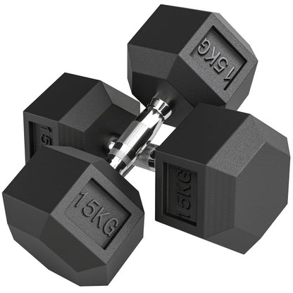 HOMCOM 2x15KG Rubber Hex Dumbbell Portable Hand Weights Dumbbell Home Gym
