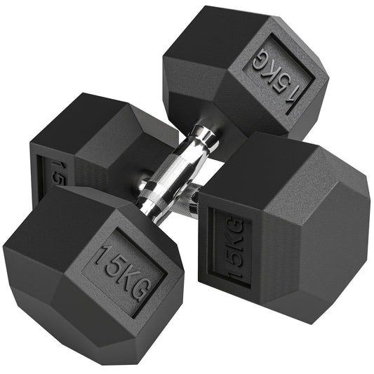 HOMCOM 2x15KG Rubber Hex Dumbbell Portable Hand Weights Dumbbell Home Gym