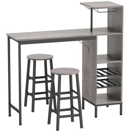 HOMCOM 3 Pieces Dining Room Set, 2 Round Stools with Footrest, 6-Tier Dining Table with Storage Shelves, Natural