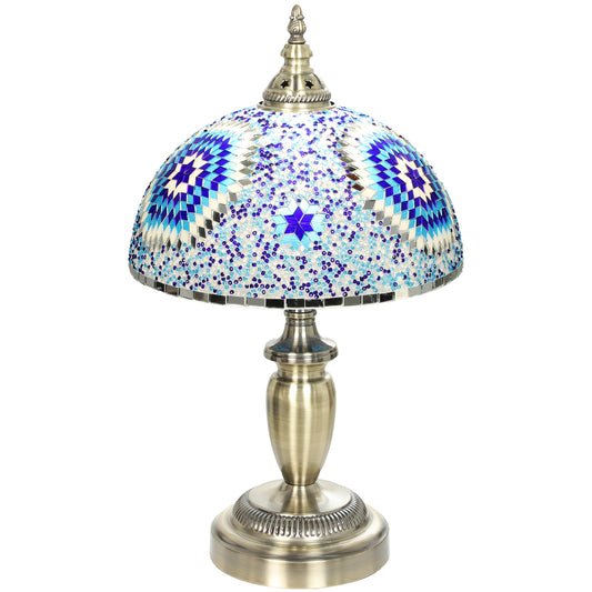 HOMCOM 30cm Tiffany Lamp, Stained Glass Bedside Table Lamp with Button Switch and Metal Base, Blue
