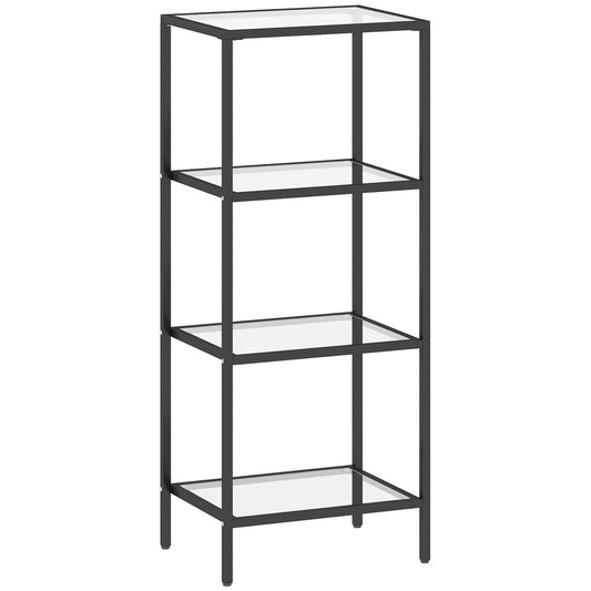 HOMCOM 4-Tier Shelving Unit, Glass Shelf, Vertical Storage Shelf for Living Room, Home Office, Bedroom, Bathroom, Black