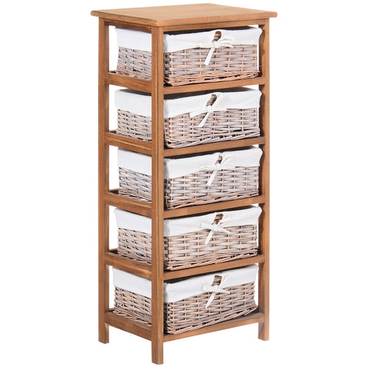 HOMCOM 5 Drawer Dresser Wicker Basket Storage Shelf Unit in a Natural Finish