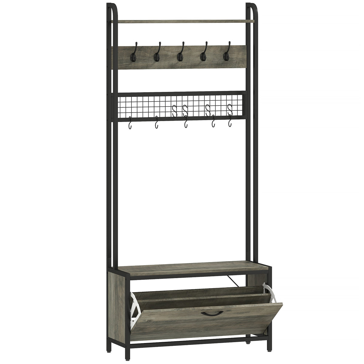HOMCOM 5-In-1 Industrial-Style Hallway Tree - Grey/Black