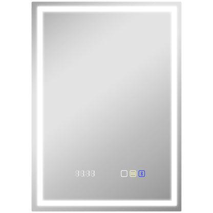 HOMCOM 50 x 70 cm Anti-Fog LED Bathroom Mirror, with Bluetooth and Clock - Silver Tone