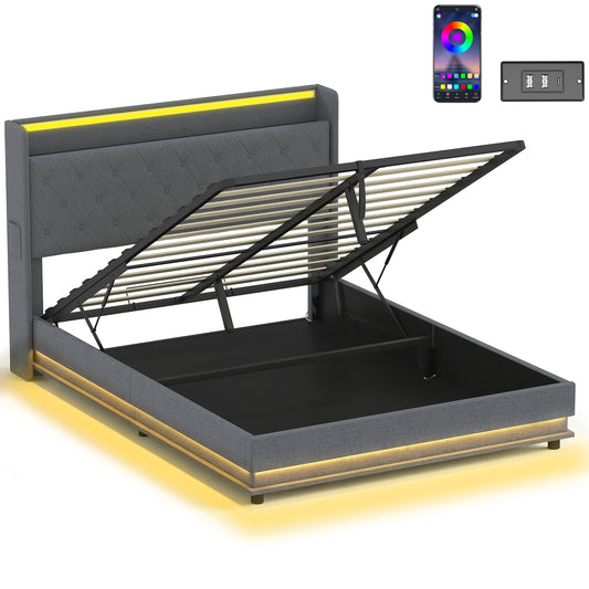 HOMCOM 5ft King Bed Frame with Headboard, Platform Bed Frame with Hydraulic Storage, LED Lights and Charging Station, Grey