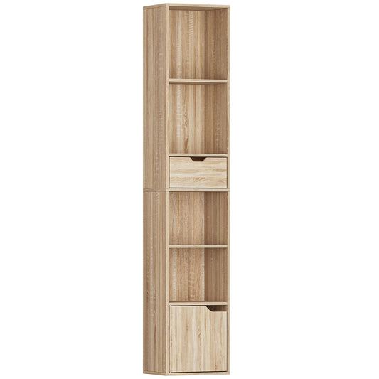HOMCOM 6-Tier Bookcase, Tall Narrow Bookshelf with Drawer and Door - Natural Wood Finish