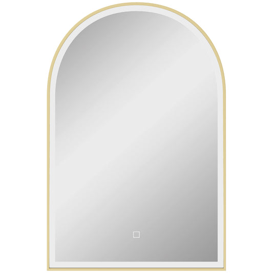 HOMCOM 90 x 60 cm Bathroom Mirror with LED Lights, Anti-Fog Arched Vanity Mirror with 3 Colour Dimmable, Gold Tone