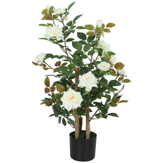 HOMCOM 90cm Artificial Rose Tree, Decorative Fake Plant with 344 Silk Leaves 17 Flowers for Outdoor Indoor Decor, White