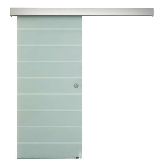 HOMCOM 90cm Sliding Glass Door with Hardware Track Kit, Frosted Tempered Glass with Stripe Pattern, Round Handle