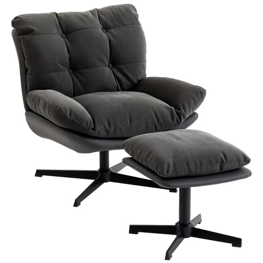 HOMCOM Accent Chair with Footstool, Swivel Lounge Chair with Chenille Upholstery, Metal Base, Dark Grey