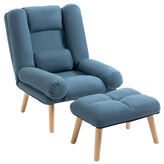 HOMCOM Armchair with Footstool, 180 Recliner with Ottoman, Accent Chair and Footstool with 3-Position Adjustable Backrest and Wooden Legs for Living Room, Blue