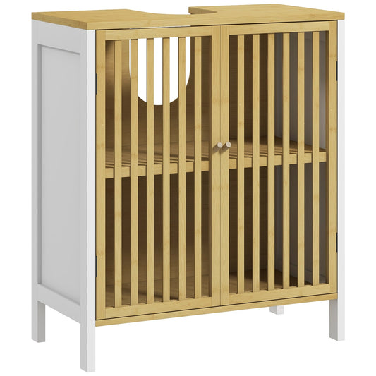 HOMCOM Bamboo-Blend Retro Cut-Out Under Sink Cabinet in White