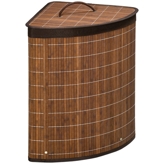 HOMCOM Bamboo Laundry Basket with Lid, 55 Litres Laundry Hamper with Removable Washable Lining, Corner Washing Baskets, 38 x 38 x 57cm, Brown