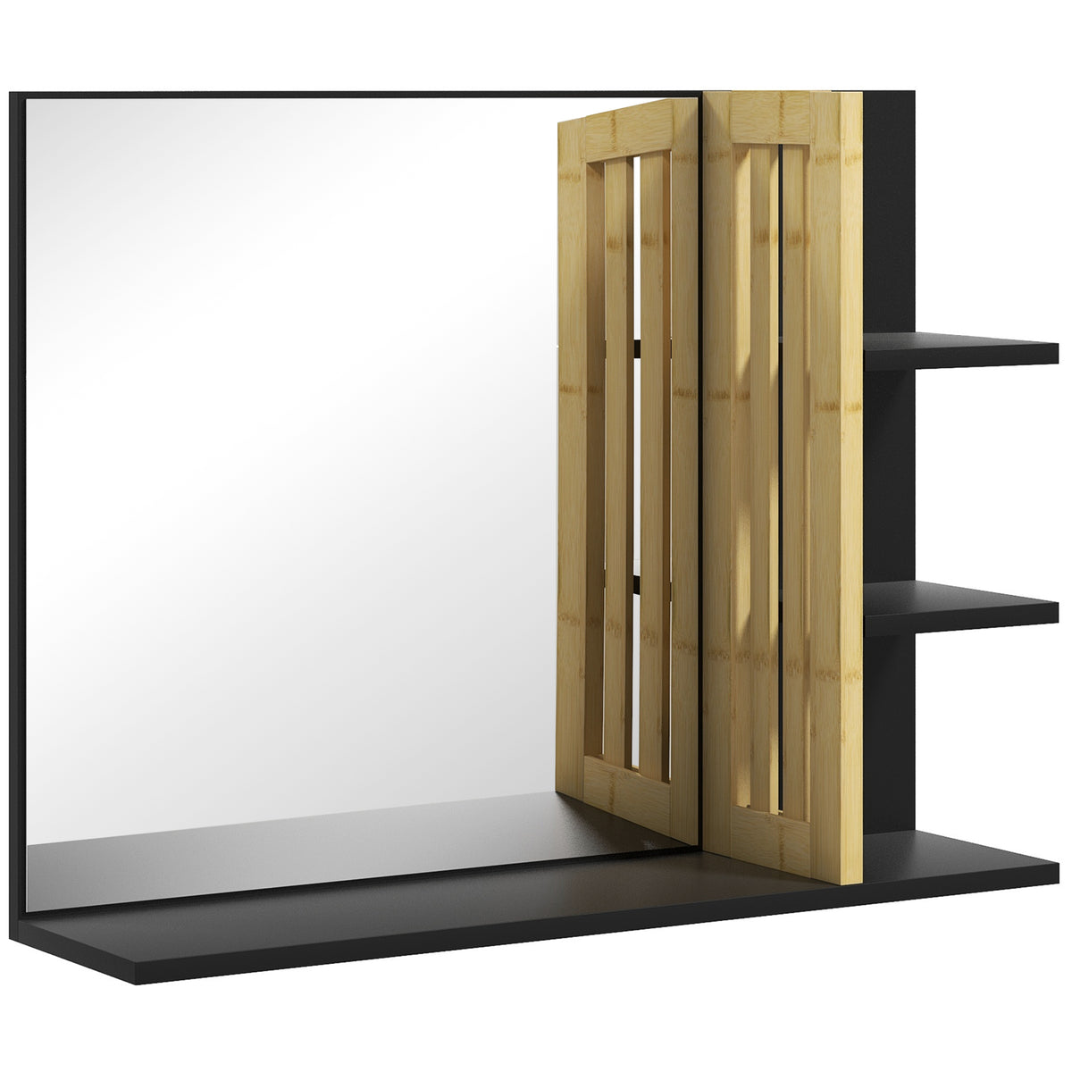 HOMCOM Bamboo Panel Bathroom Mirror, with Shelves