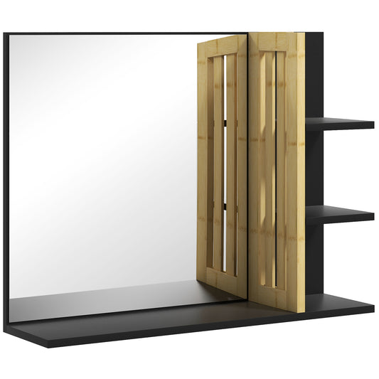 HOMCOM Bamboo Panel Bathroom Mirror, with Shelves