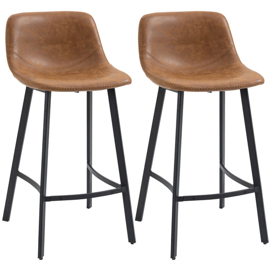 HOMCOM Bar Stools Set of 2, PU Leather Dining Stools with Backrest, Footrest, for Kitchen, Counter, Breakfast Bar, Brown