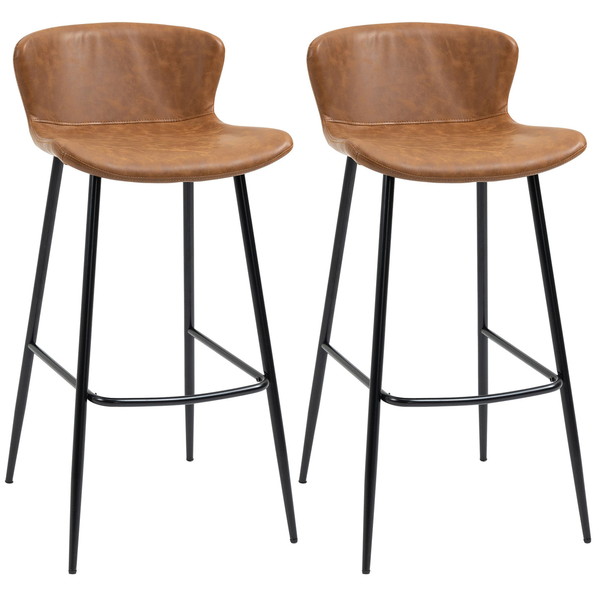 HOMCOM Bar Stools Set of 2, PU Leather Upholstered Bar Chairs, Breakfast Kitchen Counter Chairs with Backs, Steel Legs and Footrests for Dining Room, Brown