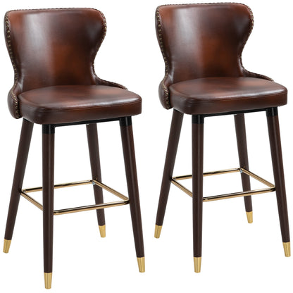 HOMCOM Bar Stools Set of 2, PU Leather Barstools with Back, Footrest and Wood Legs for Kitchen, Counter, Breakfast Bar, Brown