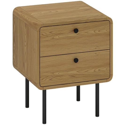 HOMCOM Bedside Table with 2 Drawers and Steel Legs in Oak