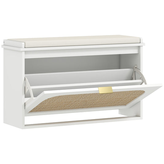 HOMCOM Boho Shoe Bench with Padded Seat and Flip-Drawer - White