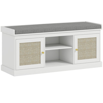 HOMCOM Boho Shoe Storage Bench with Padded Cushion and Rattan Doors - White