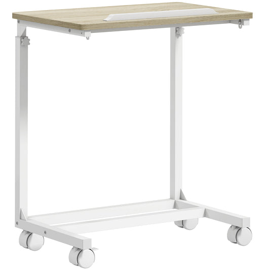 HOMCOM C-Shaped Sofa Side Table, Height Adjustable Overbed Table with Tilting Desktop, Mobile Laptop Desk for Living Room Bedroom, Oak and White