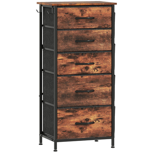 HOMCOM Chest of Five Fabric Drawers in Rustic Brown