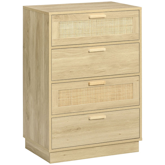HOMCOM Chest of Four Rattan Weave Panel Drawers in a Natural Wood Finish